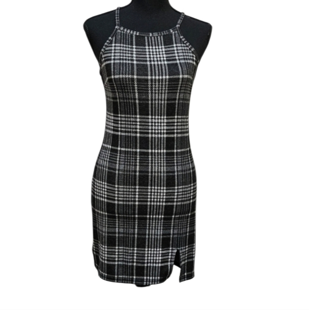 J for Justify Halter Pullover Black White Houndstooth Plaid Pencil Dress Size S